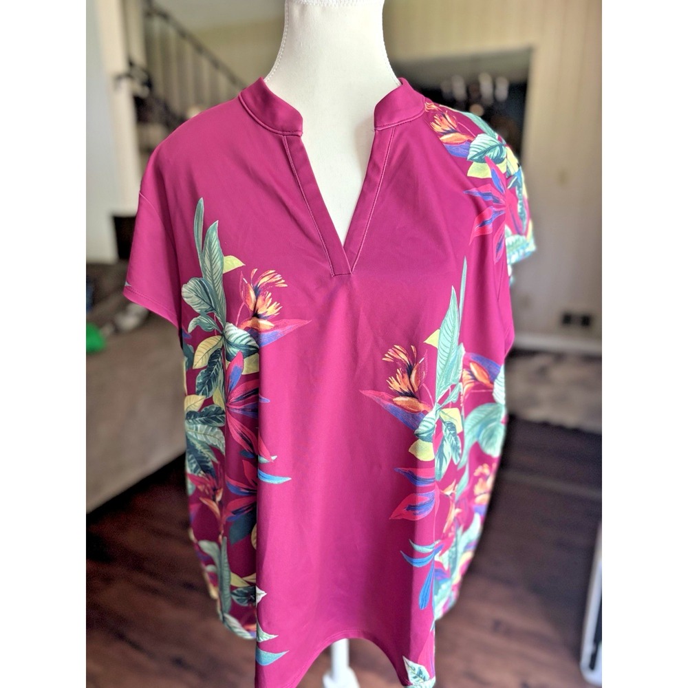 Chicos XL Pink Tropical Floral UV Protection Short Sleeve Top Swim Beach